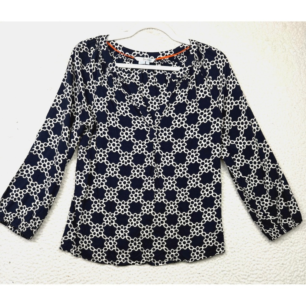 Boden Blouse Womens 2 Blue Geometric Print V Neck 3/4 Sleeve Pleated Lightweight